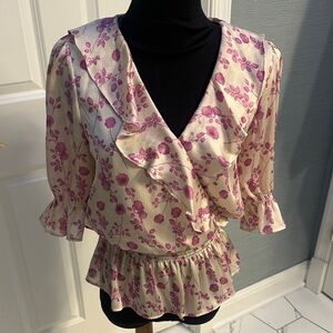 bishop + young Floral Ruffle Blouse - Cream and Purple